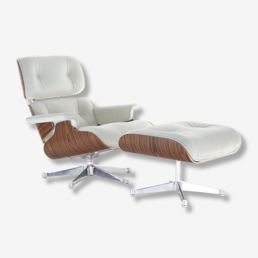 Charles Lounge Chair and Ottoman in White Leather with Chrome Base Rosewood