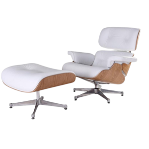 Eames Lounge Chair Replica in white Italian leather with ash wood and a matching ottoman – luxurious and ergonomic seating