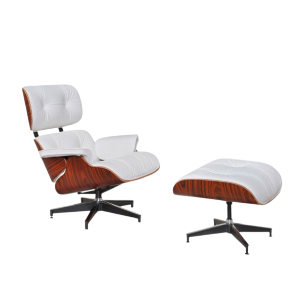 Eames Lounge Chair Replica Rosewood White Leather - Black Chrome Base – Iconic mid-century lounge chair with Italian Aniline leather and a 7-ply rosewood veneer frame.