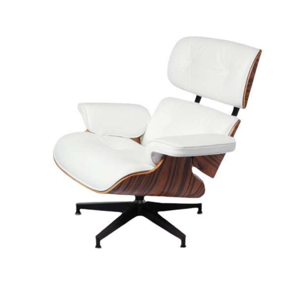 Side View of Eames Lounge Chair Replica in Rosewood and White Leather – Elegant and ergonomic reclining lounge chair for modern interiors.