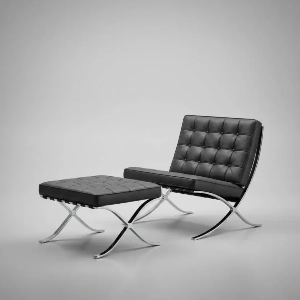 Black Barcelona Chair side view — Italian leather chrome X frame