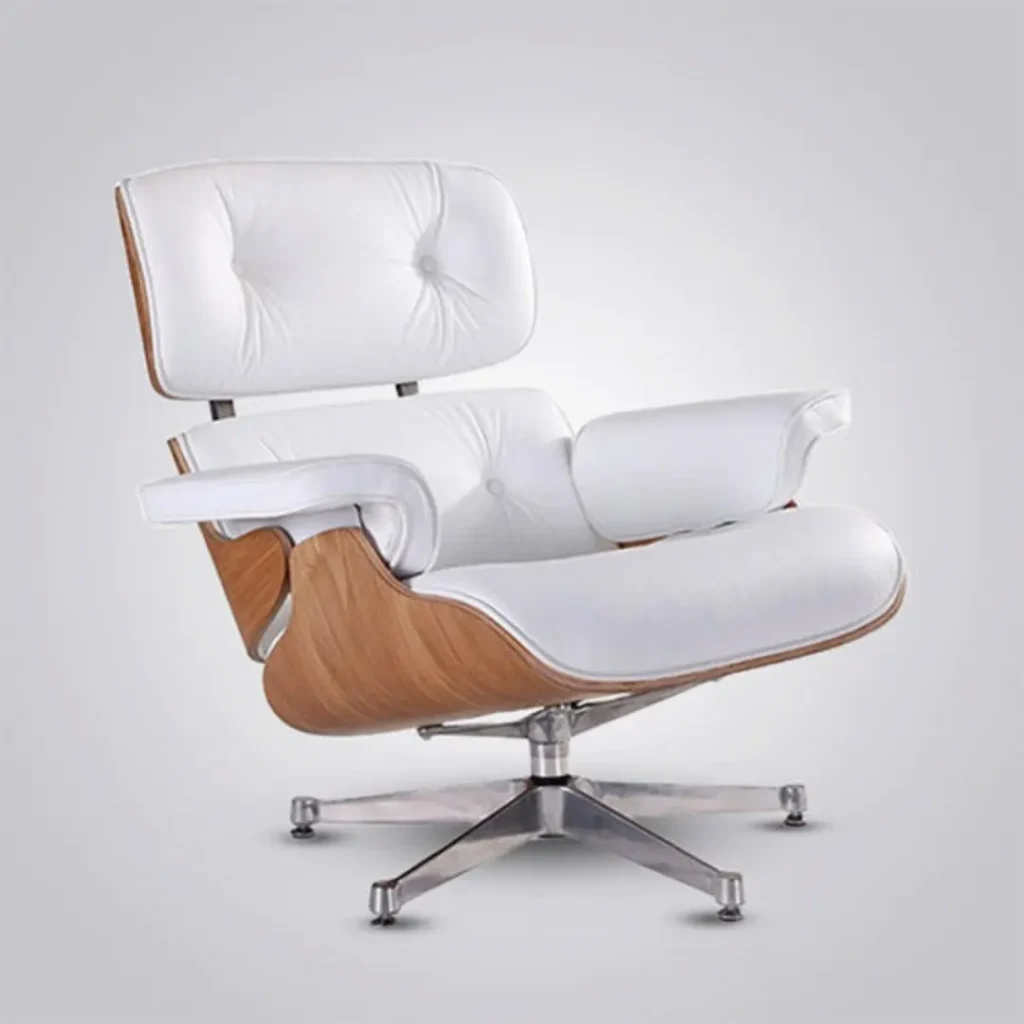 eames chair lounge chair ash wood white leather chrome base back angled view house of furnishes by eman
