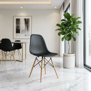 Black dining chairs — Eames DSW style front view, bold stackable side chair