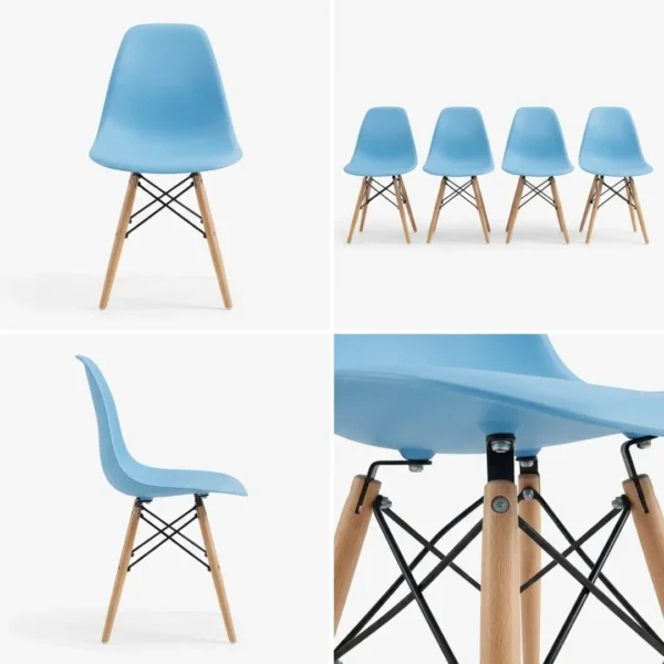 Blue dining chair side profile with wooden dowel legs and UV-stable ABS shell