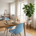 Eames style blue dining chairs back view — stackable colourful design