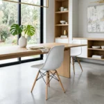 Eames style white dining chairs back view — UV-coated stackable design