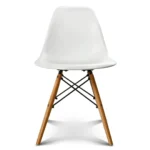 White dining chair side profile showing wooden dowel legs and curved ABS shell