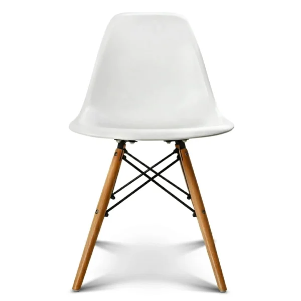 White dining chair side profile showing wooden dowel legs and curved ABS shell