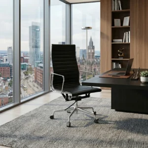 Eames Chair Black Leather EA119 High Back Thin Pad Front View – House of Furnishes