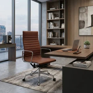 Eames Chair Brown Leather EA119 High Back Thin Pad Front View – House of Furnishes