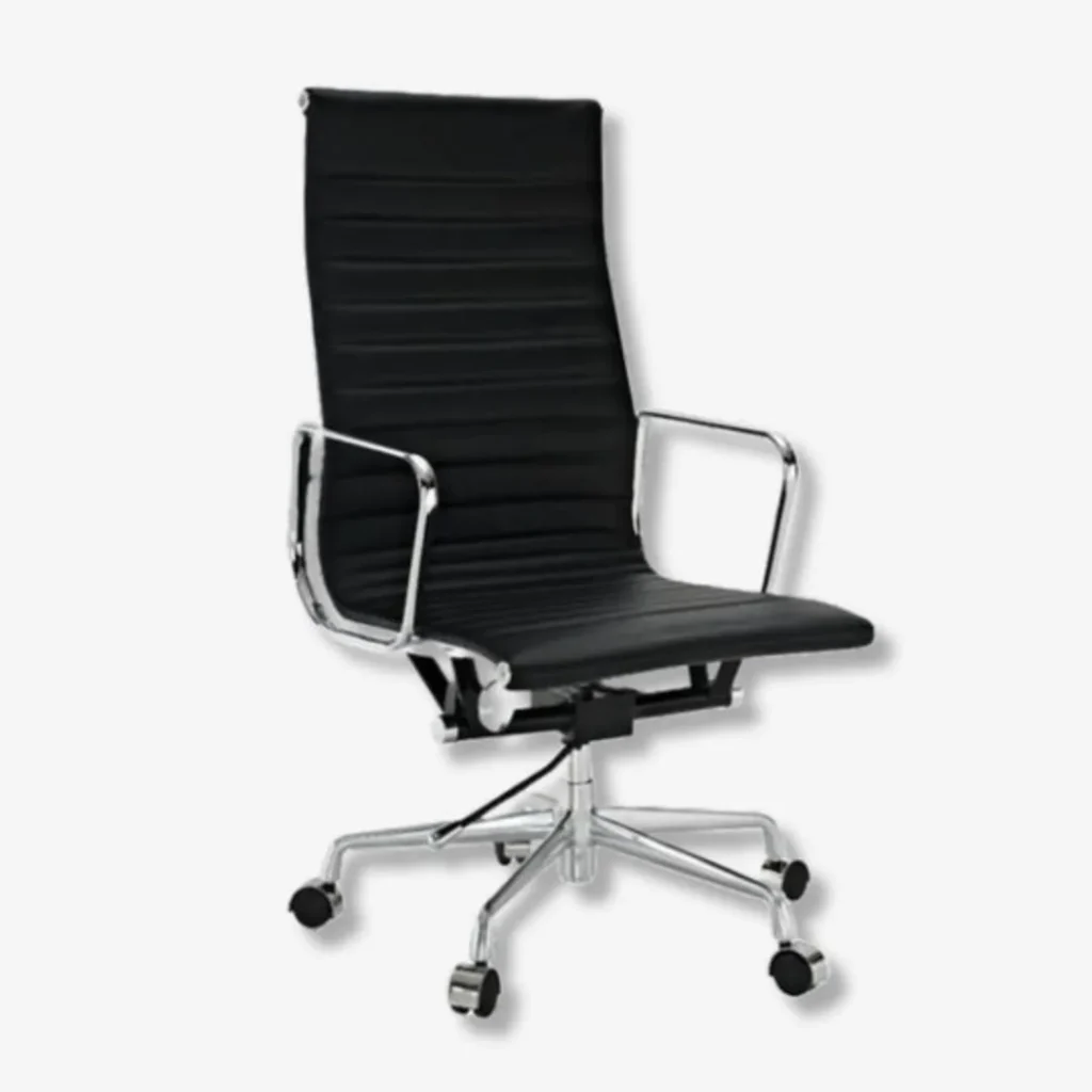 Eames Chair Black Leather EA119 Chrome Aluminium Base Side View – House of Furnishes