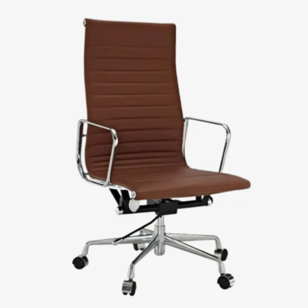 Eames Chair Brown Leather EA119 Chrome Aluminium Base Side View – House of Furnishes
