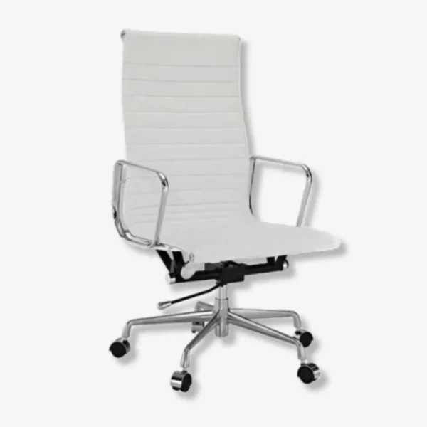 Eames Chair White Leather EA119 Chrome Aluminium Base Side View – House of Furnishes
