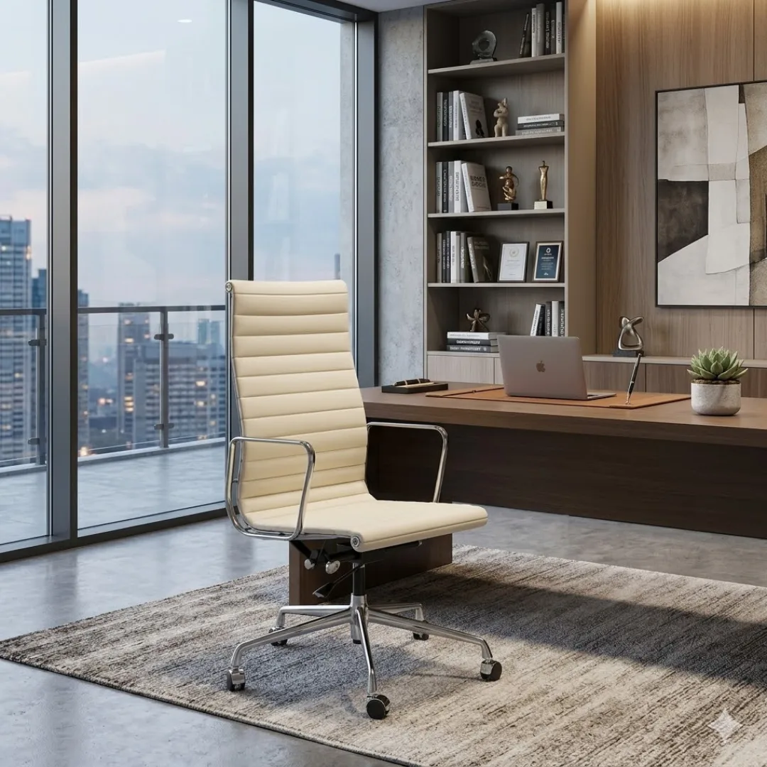 eames-ea119-ivory-white-chair-designer-studio-lifestyle-001 Ivory White Eames Chair EA119 High Back Thin Pad Front View – House of Furnishes