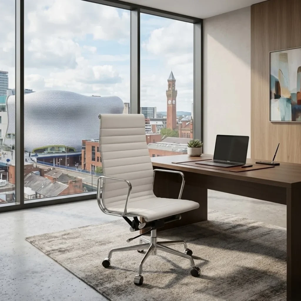 Eames Chair White Leather EA119 High Back Thin Pad Front View – House of Furnishes