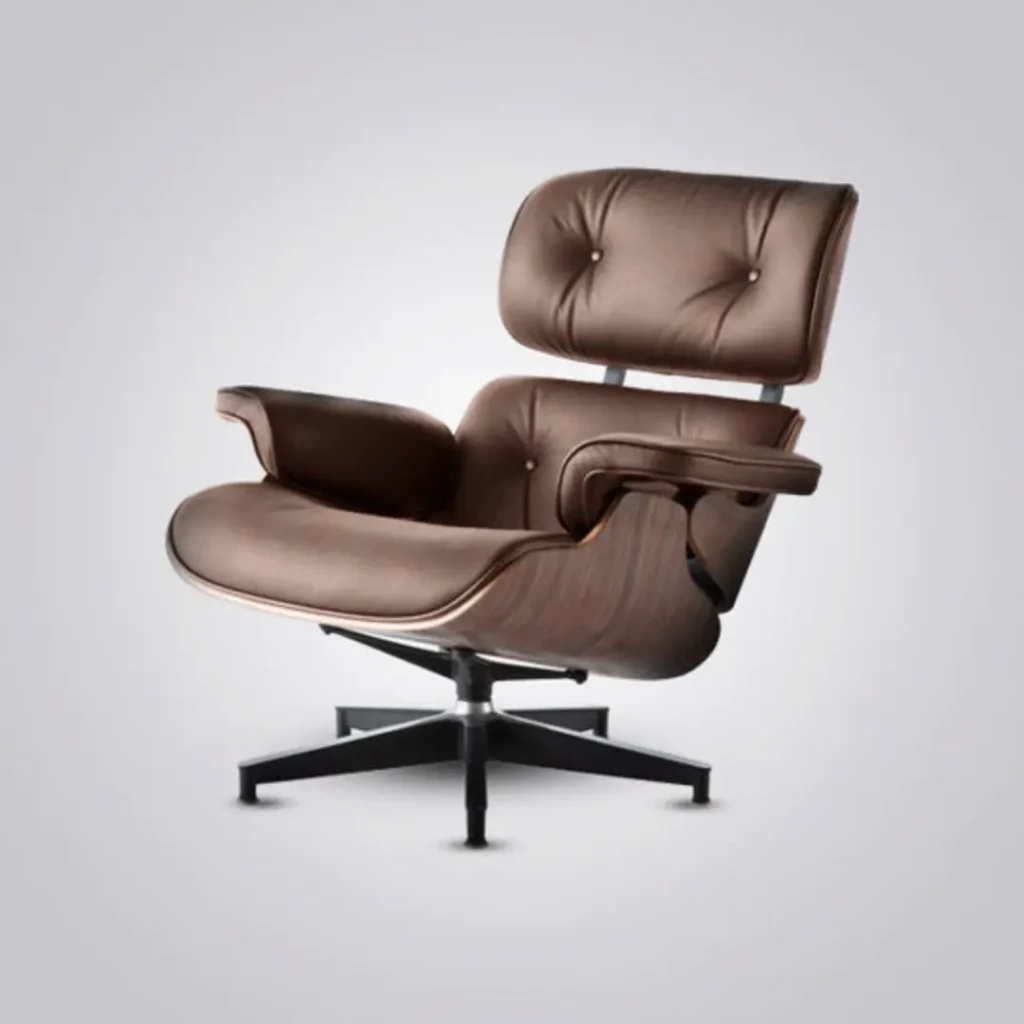 eames lounge chair brown walnut brown leather black base shell close-up house of furnishes by eman