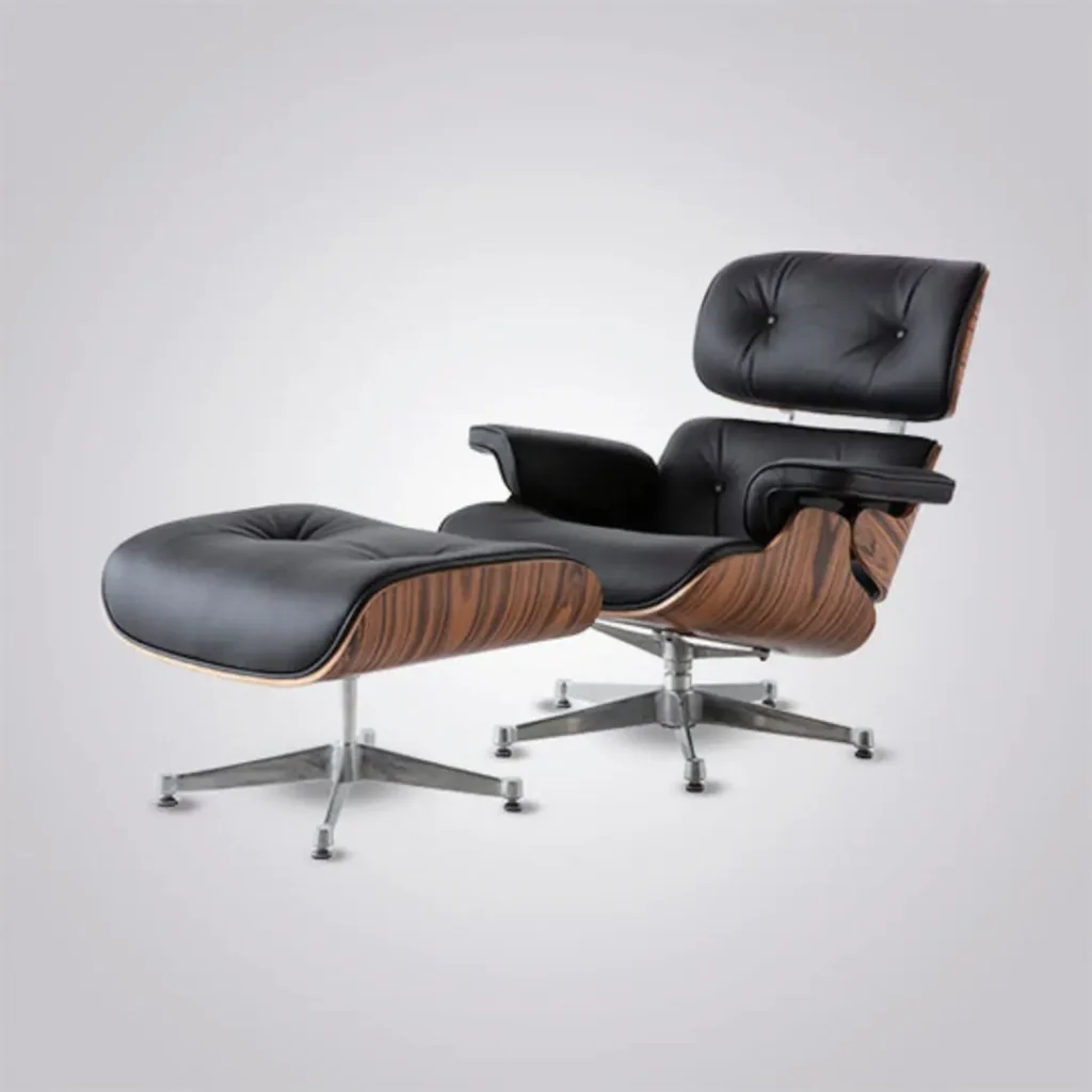 eames lounge chair and ottoman black leather rosewood chrome base front view
