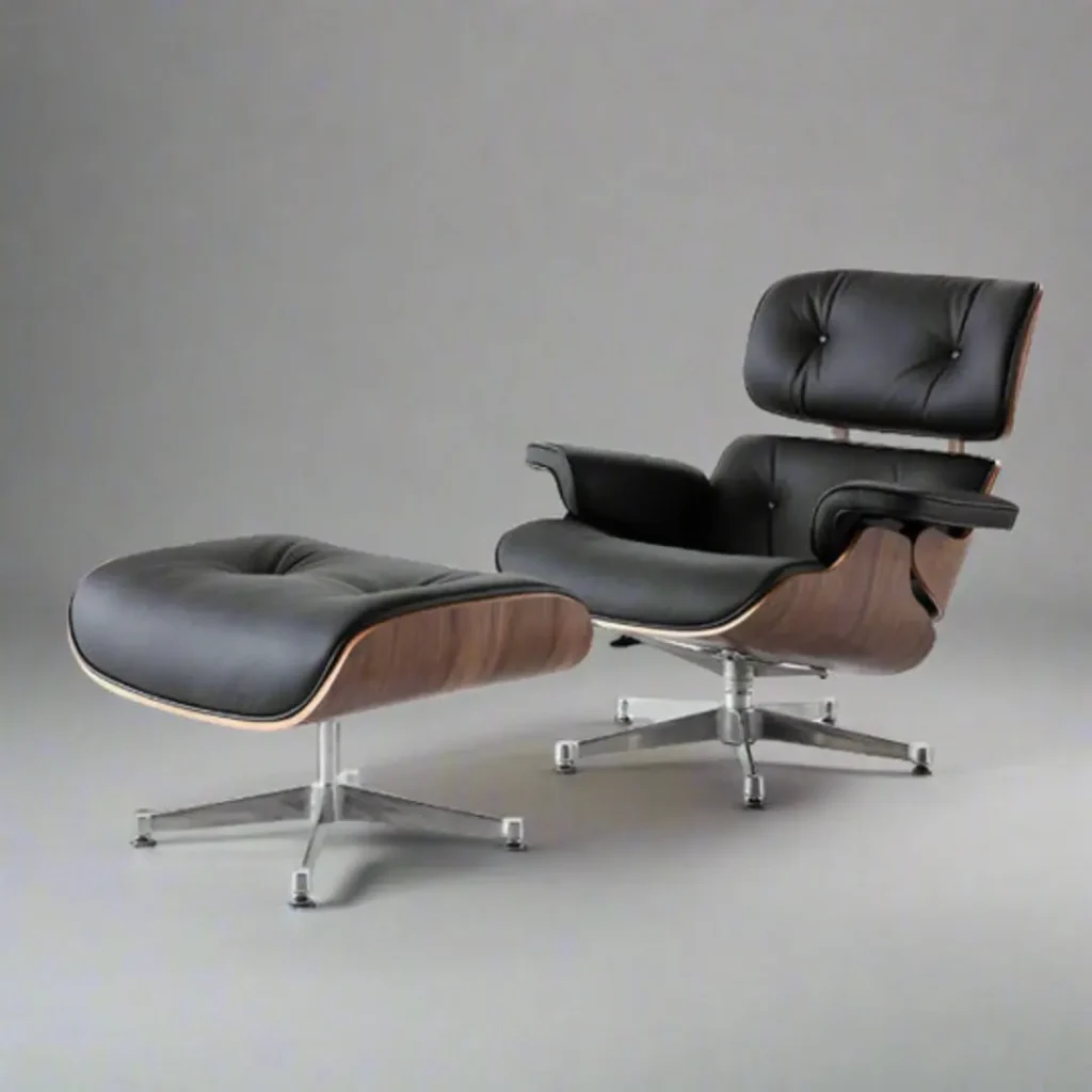 charles eames lounge chair replica black leather walnut chrome base front view
