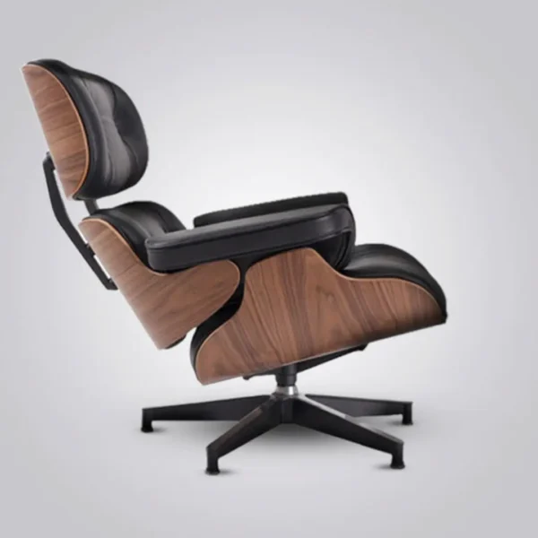 eames inspired mid-century lounge chair walnut black leather side profile