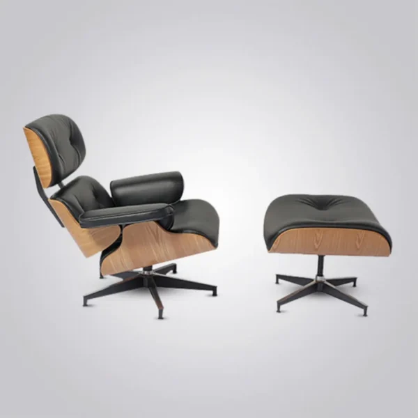 eames lounge chair replica ash wood black leather chrome base back angled view house of furnishes by eman