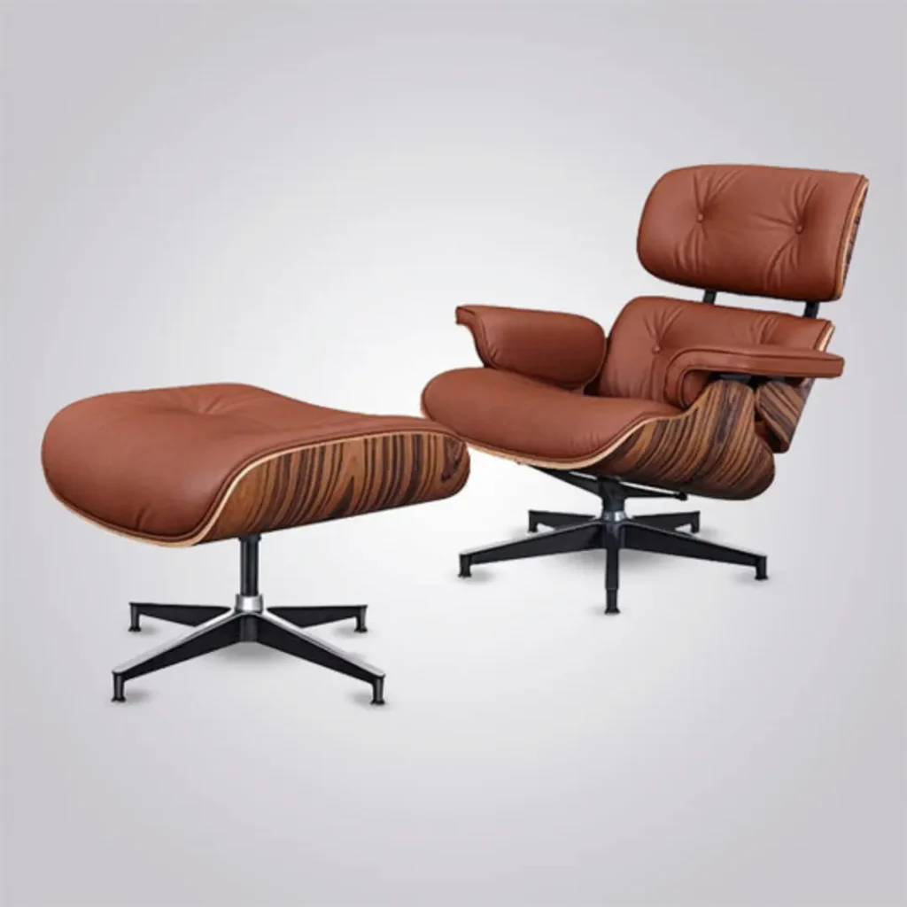 reproduction eames lounge chair rosewood tan brown leather black base front view house of furnishes by eman