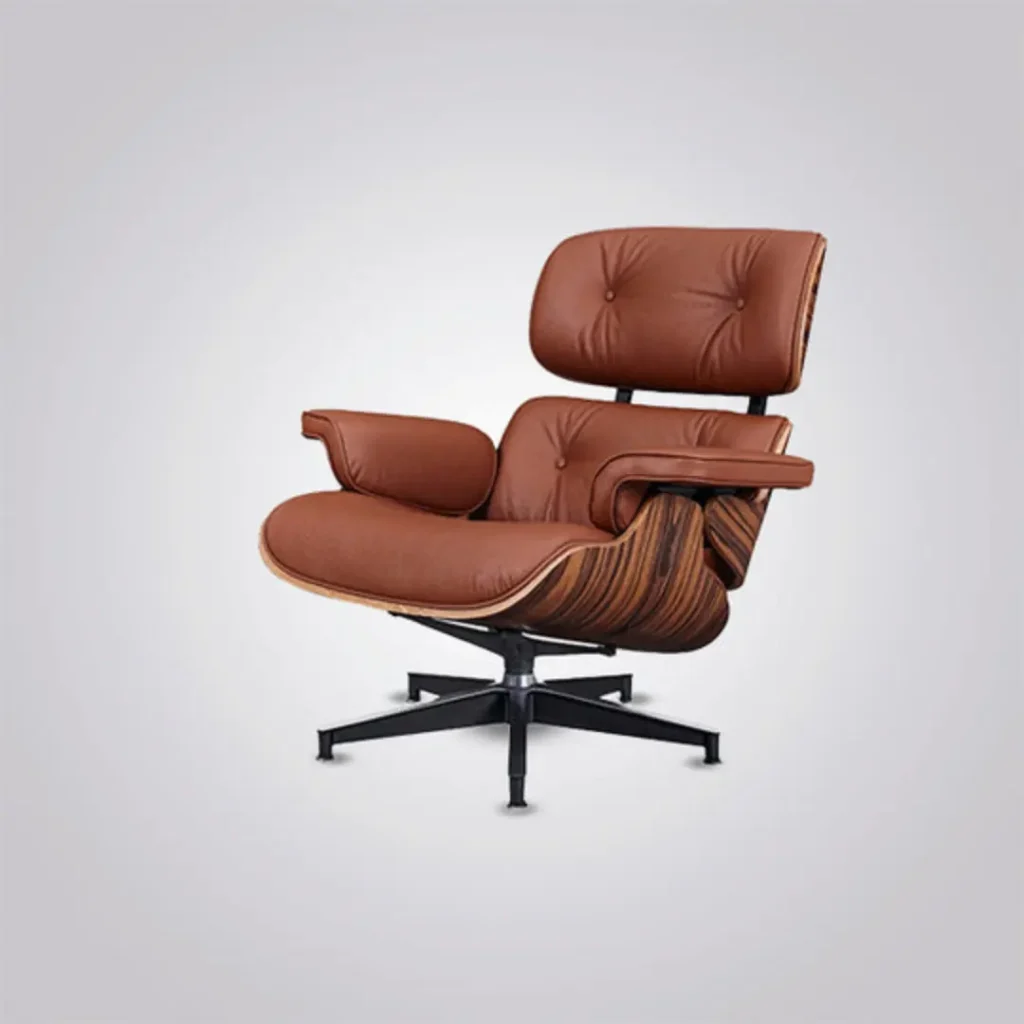 reproduction eames lounge chair rosewood tan brown leather black base shell close-up house of furnishes by eman