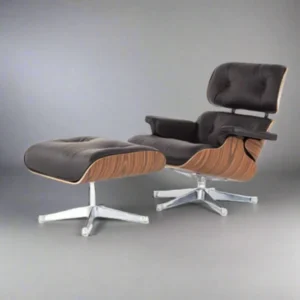 eames style lounge chair uk brown leather rosewood chrome base front view