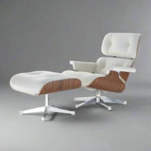 copy eames lounge chair white leather rosewood chrome base front view