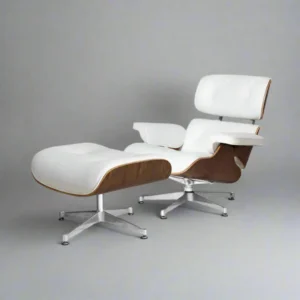 eames lounge chair repro white leather walnut chrome base front view