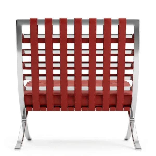 Red Barcelona Chair chrome frame close up — mirror polish finish