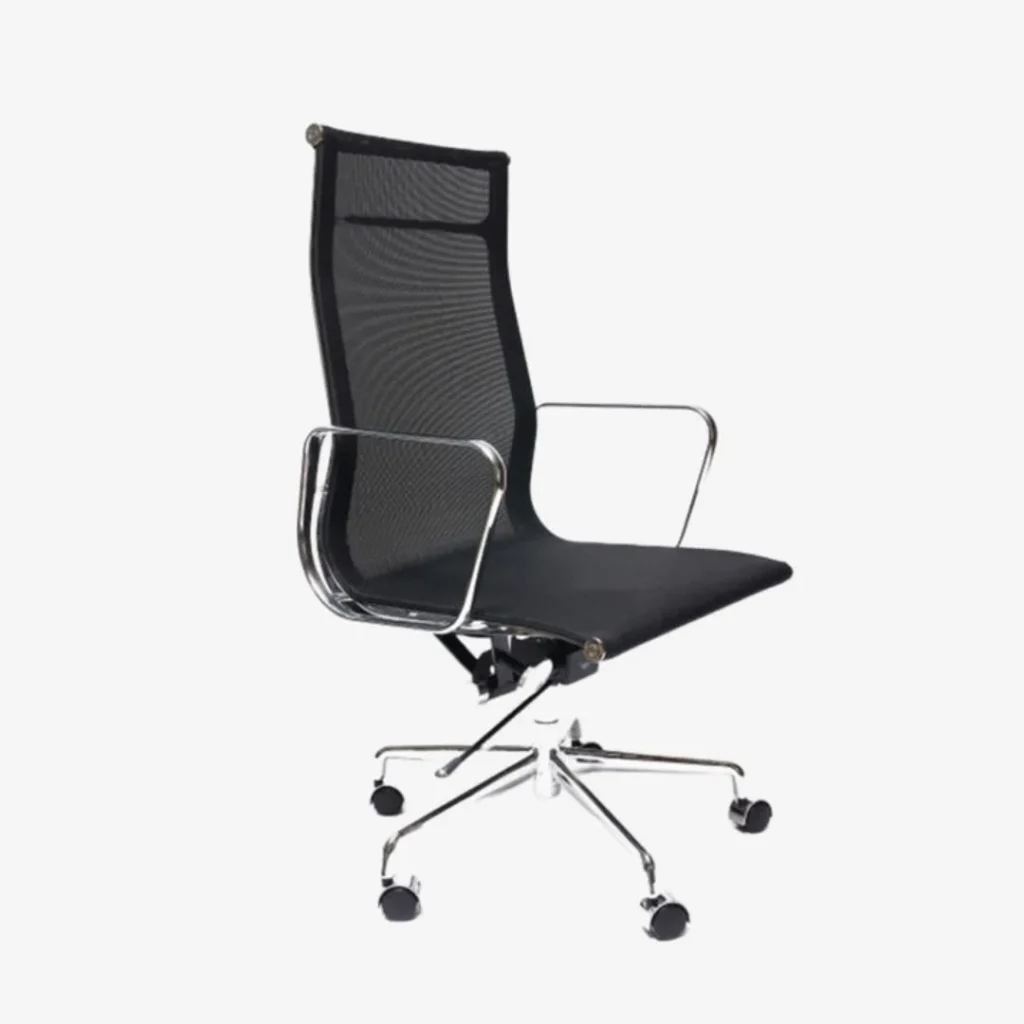 Eames Mesh Office Chair Black Chrome Aluminium Base Side View – House of Furnishes