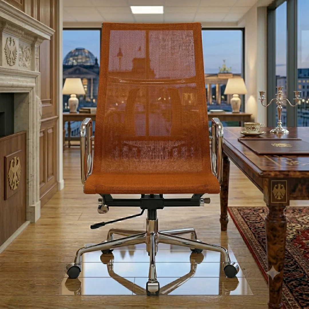 fun-office-chair-uk-orange-eames-mesh-creative-studio Orange Eames Mesh Office Chair EA119 High Back Front View – House of Furnishes