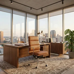 Tan Brown Soft Pad Eames Chair EA219 Japandi Oak Desk Workspace – House of Furnishes