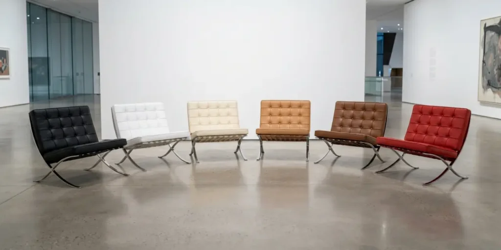 barcelona chair colours — six leather options from black to red displayed together