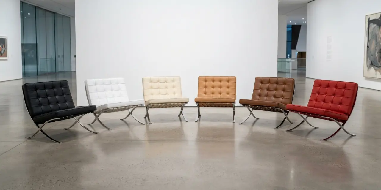 barcelona chair colours — six leather options from black to red displayed together