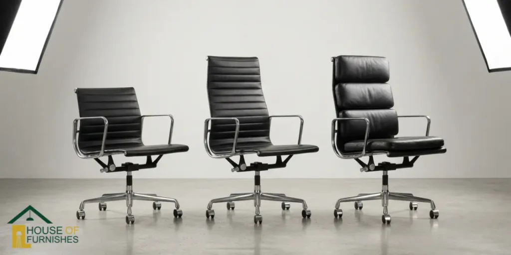 ea117 vs ea119 vs ea219 eames office chairs lined up showing back heights and padding