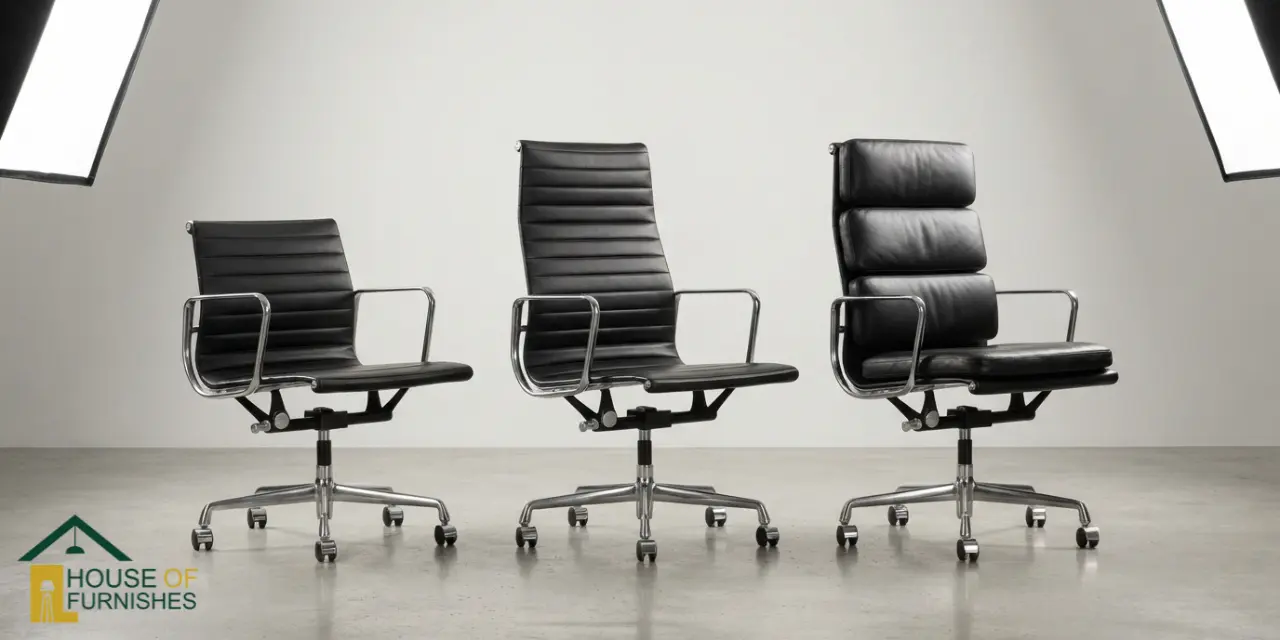 ea117 vs ea119 vs ea219 eames office chairs lined up showing back heights and padding
