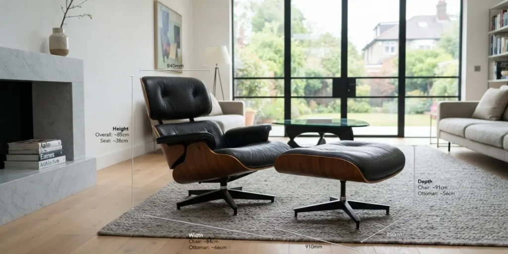 eames lounge chair dimensions — chair and ottoman with measurement guides in living room