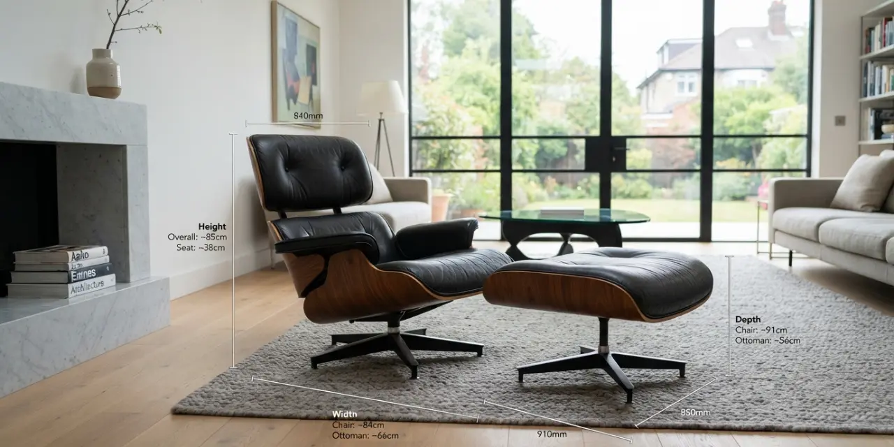 eames lounge chair dimensions — chair and ottoman with measurement guides in living room