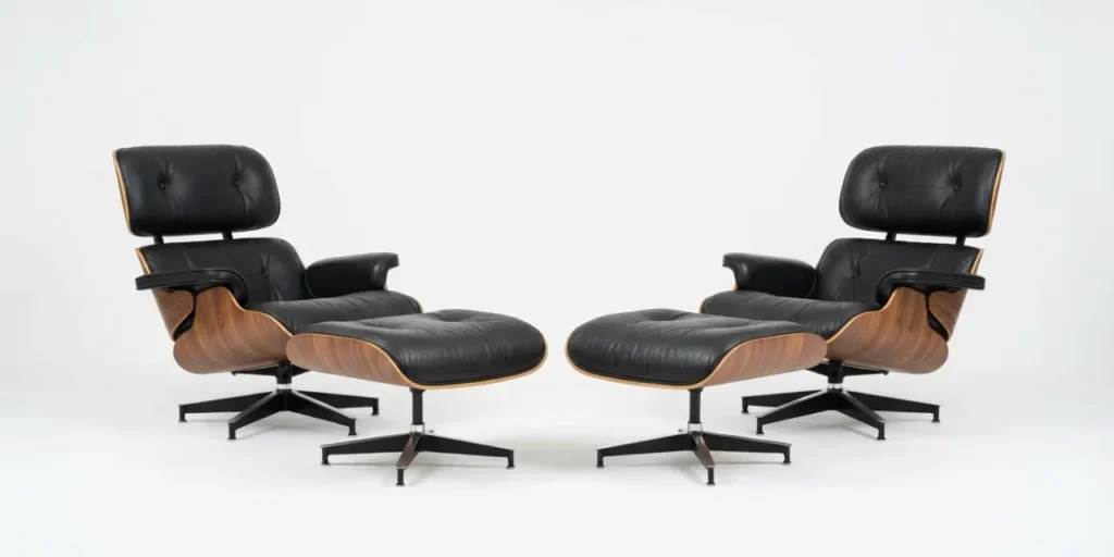 eames lounge chair replica vs original side by side comparison in walnut and black leather