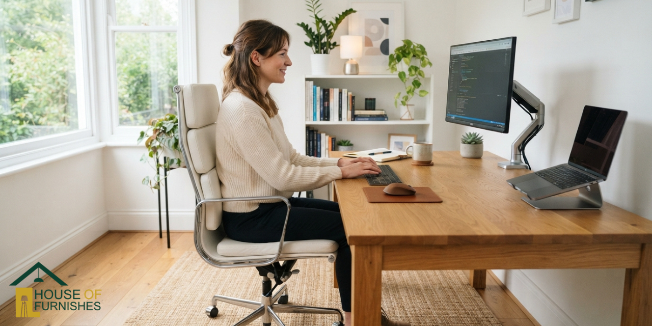 ergonomic home office setup — correct posture at desk with high back office chair