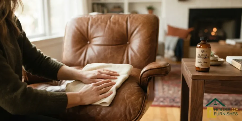 how to clean a leather lounge chair — wiping tufted brown leather cushion with microfibre cloth