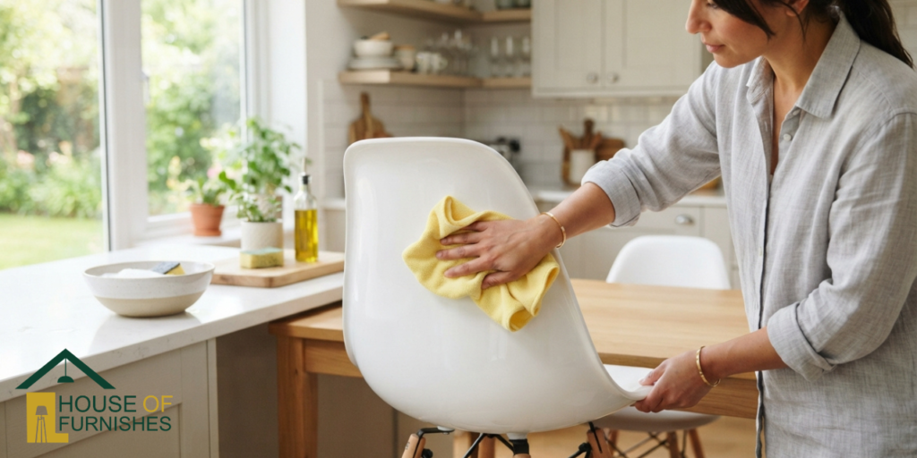 how to clean plastic dining chairs — wiping white moulded shell with soft cloth