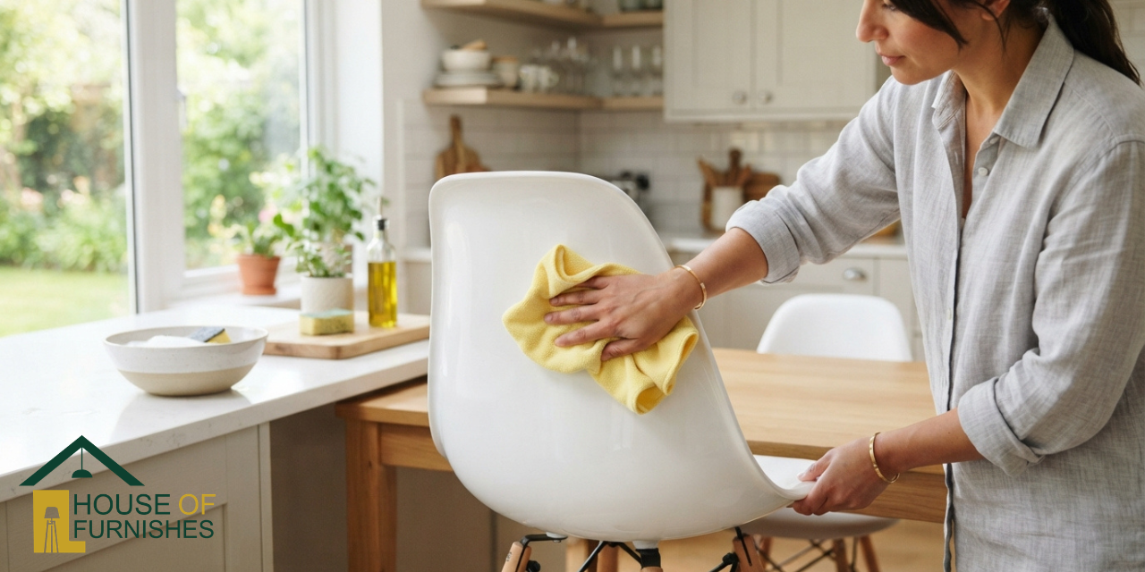 how to clean plastic dining chairs — wiping white moulded shell with soft cloth