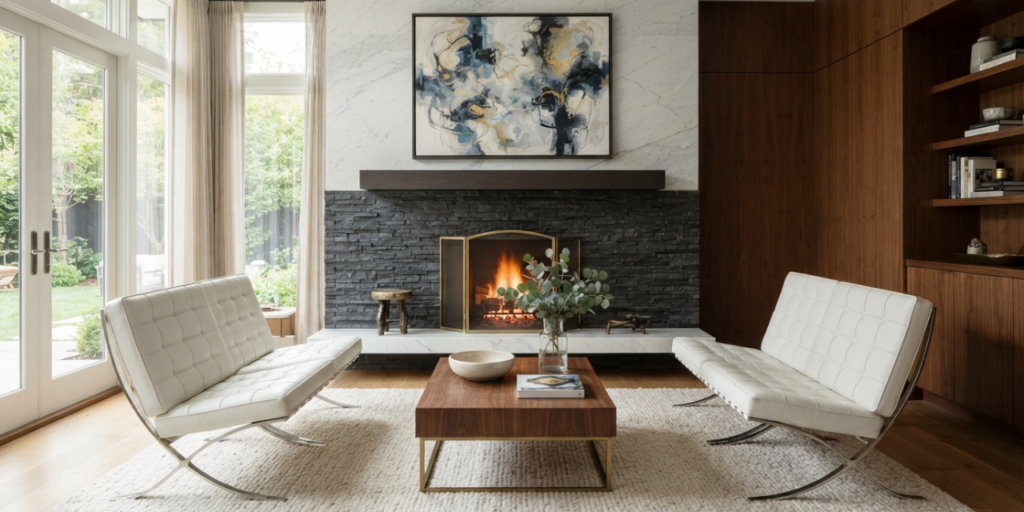 how to style a barcelona chair — pair of chairs flanking fireplace in modern lounge