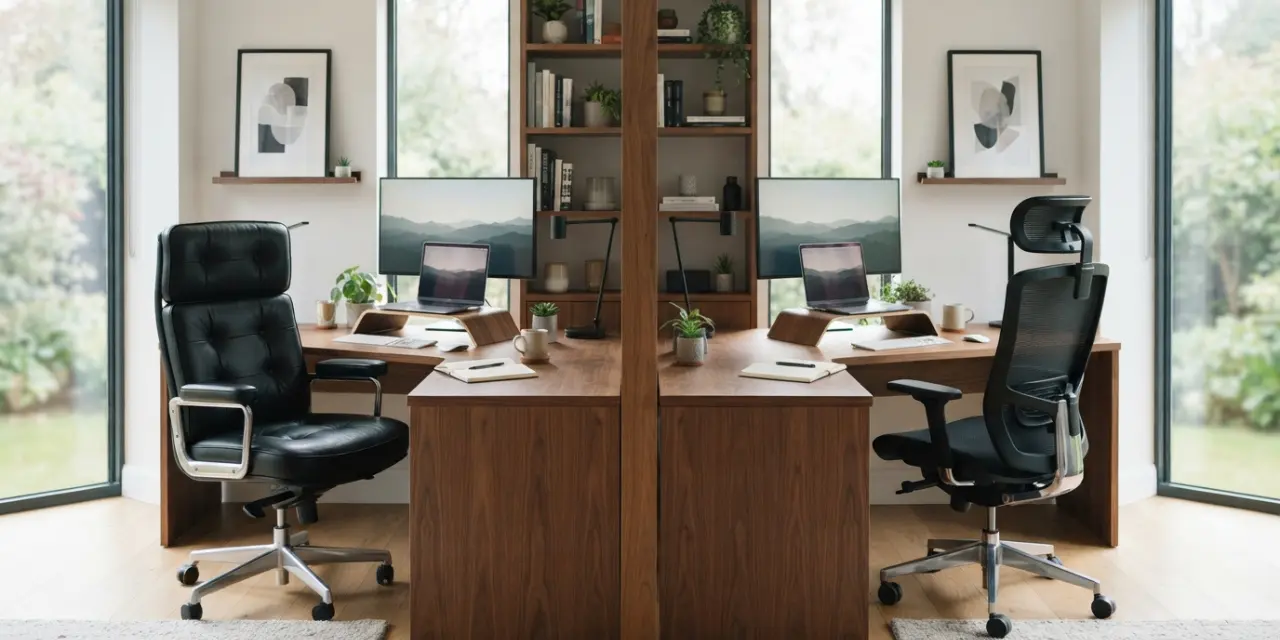 leather vs mesh office chair comparison — black leather and black mesh high back chairs
