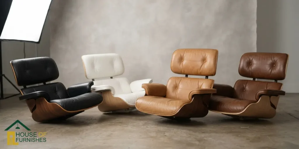 leather lounge chair colours — black white tan and brown cushion swatches on chair
