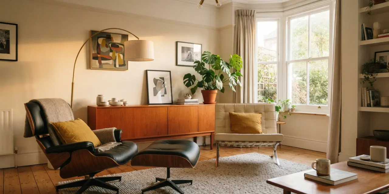 mid century modern living room ideas — walnut lounge chair cream barcelona chair and teak sideboard
