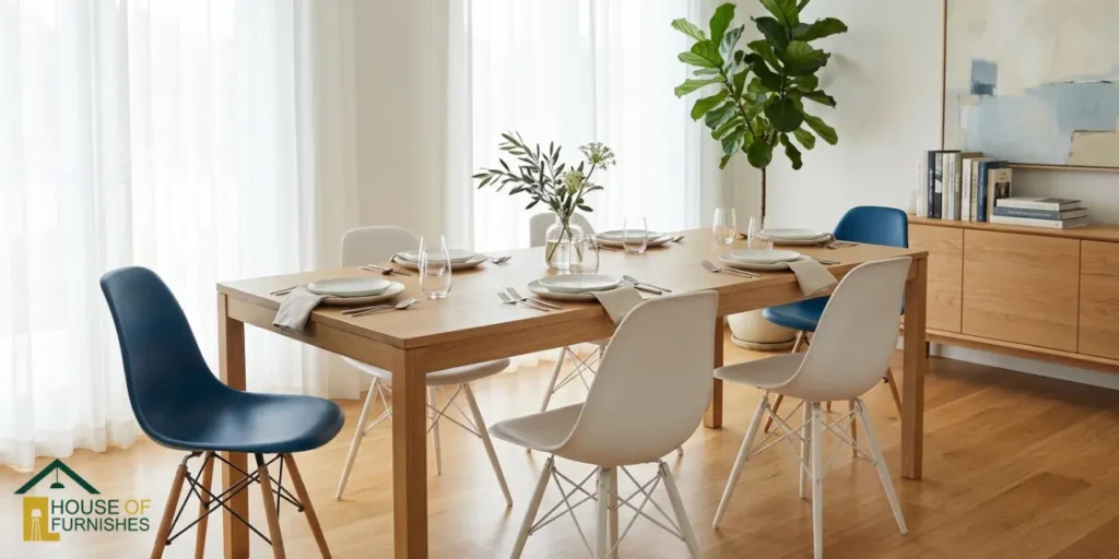 mixing dining chair colours — white black and blue dsw chairs around one table