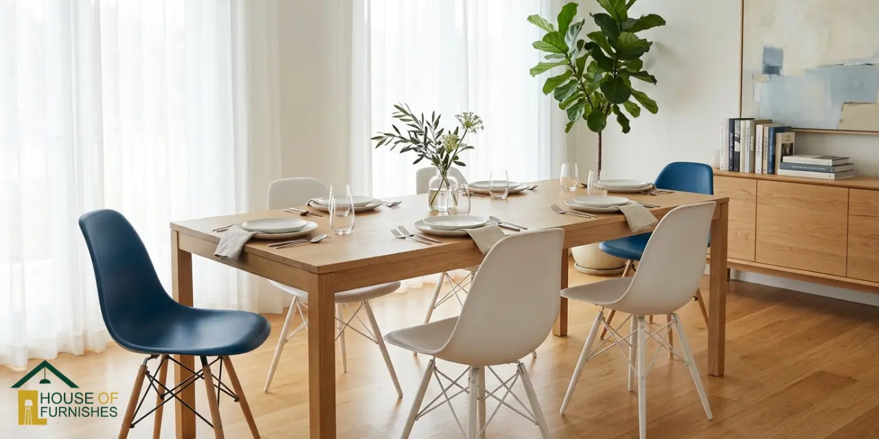 mixing dining chair colours — white black and blue dsw chairs around one table
